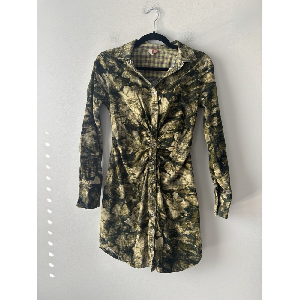 Anthropologie Pilcro Ruched‎ Corduroy Green Printed Mini Shirt Dress Size 0 - Picture 3 of 13